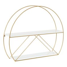 a gold and white shelf with two shelves on each side, in the shape of a circle