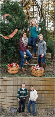 three people are posing for pictures in front of a fence and some trees, one is holding