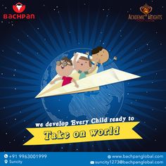 an advertisement for the children's book, take on world with three people riding a paper airplane