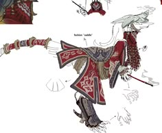 the concept art for an animated character is shown in red and blue, with white details