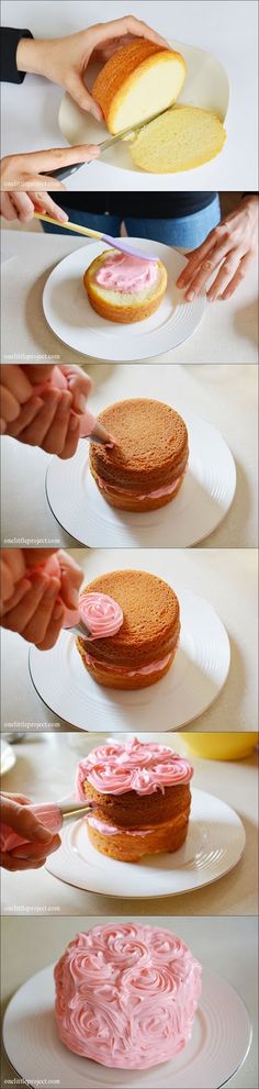 there are four different plates with food on them and one is being cut in half