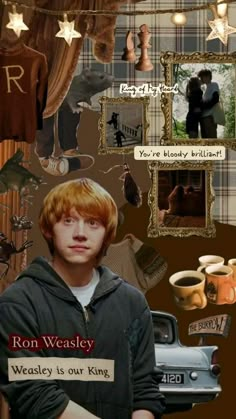 a collage of harry potter and his mugs is featured in this image with the caption ron weasley, westley is our king