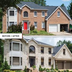 before and after pictures of a house with red front door, from left to right