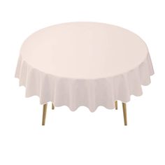 a white table with wooden legs and a round tablecloth on it's top