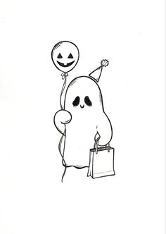 a drawing of a ghost holding a shopping bag with a smiley face on it's head