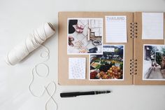 an open book with pictures and thread on the cover next to a ball of yarn