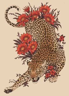 a painting of a leopard with flowers on its back