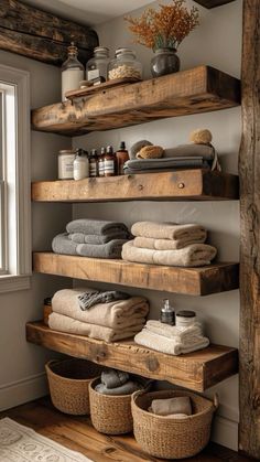 some shelves with towels and other items on them