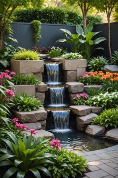 a small waterfall in the middle of a garden