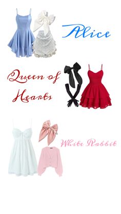 four different types of dresses with the words, queen of hearts written on them in red, white and blue