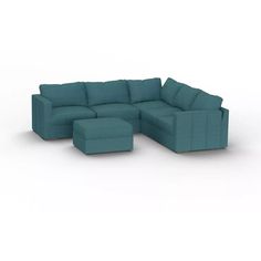 a blue sectional couch and ottoman on a white background