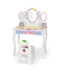 a toy vanity with mirror and stool on white background