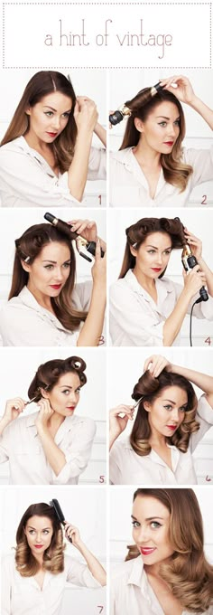 INSTRUCTIONS:    1) Find your side part. Either side will do.    2, 3, 4 & 5) You’re going to curl ALL of your hair inward toward your face (as Lauren does above) and clip the curls in place with large setting clips. Mist all over with a light-medium holding hairspray. Let them cool while you put on your makeup. Multi-Tasking!! 15 minutes should do the trick. :) Look Gatsby, 60s Hairstyles, Wavy Hairstyles Tutorial, Vintage Curls, Makeup Tip, Bohol