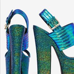 The Paranoid Platform Is An Iridescent Teal And Features Quilted Straps, Textured Platform Size 7.5 Brand New W/O Box Iridescent Clothing, Iridescent Shoes, Platform Shoes Heels, Black Shoes Heels, Shoes Photography, Shoes Teen, Latest Shoe Trends, Open Toe Shoes, Crazy Shoes