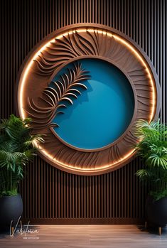 a circular wooden wall decoration with plants in front of it