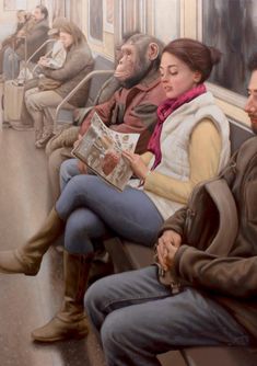 a painting of people sitting on a train with their backs to each other while reading