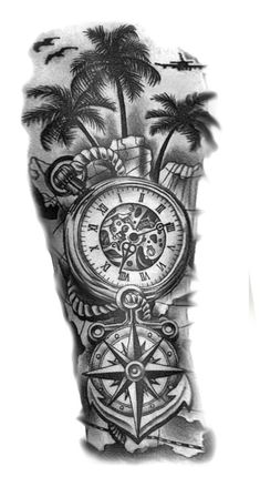 a man's arm with a clock and palm trees on the beach in black ink