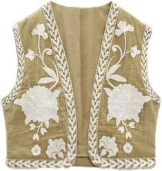 Women Vintage Embroidered Floral Vest Y2k Fashion Linen Short Ethnic Shirt Boho Open Front Cardigan Summer Crop Vests Tops Khaki and White at Amazon Women’s Clothing store Crochet Flower Cardigan, Flower Cardigan, Floral Vest, Waistcoat Woman, Hippie Top, Sleeveless Coat, Floral Vests