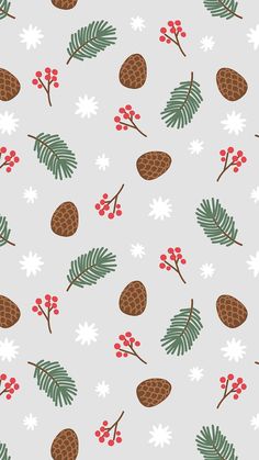 a pattern with pine cones, berries and leaves on a light green background for wallpaper