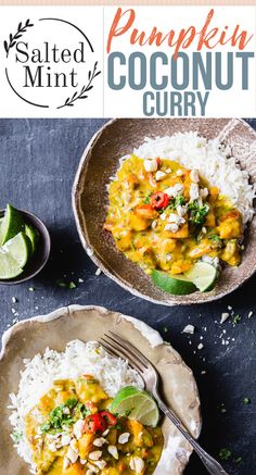 two plates filled with pumpkin coconut curry and rice