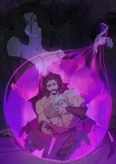 a man with long hair and no shirt on sitting in front of a purple circle