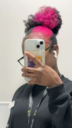 black girl 4c natural hair hairstyle puff slick back pink dyed skunk stripe hair Hairstyles With Skunk Stripe, 4c Hair Skunk Stripe, Shrunk Stripe Hair, Hair Color Ideas Skunk Stripe, Navy Blue And Pink Hair, Dyed Skunk Stripe, Skunk Stripe On Short 4c Hair, Back Skunk Stripe, 4c Skunk Stripe