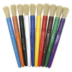 six different colors of paint brushes lined up in a row