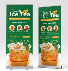 two roll up banners for special ice tea