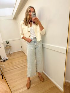 Ootd, wide leg jeans, casual outfit, cropped jacket, leather mules, flats, casual fall outfit #ootd #widelegjeans #casualoutfit #croppedjacket #leathermules #flats #casualfalloutfit Cream Mules Outfit, Casual Mules With Heel Loop, Modern Cream Mules For Spring, Chic Fitted Mules With Heel Loop, Fitted Leather Mules With Heel Loop, Womens Mules Outfit, Casual Wide-leg Mom Fit Cropped Jeans, Mule Outfit, Mule Shoes Outfit