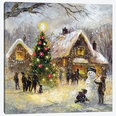 a painting of people and a snowman in front of a house with a christmas tree