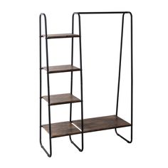 three tiered shelf unit with metal frame and wood shelves on each side, against a white background