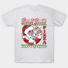 a white t - shirt with an image of santa eating pizza