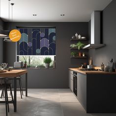 a modern kitchen with grey walls and wooden counter tops, along with an orange sign that says eat here