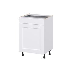 a white cabinet with black legs and an open drawer on the bottom, against a white background