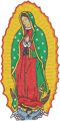 an embroidered image of the virgin mary in red and green, with stars around it