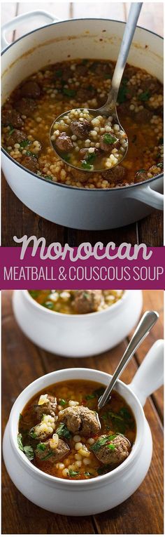 two bowls of meatball and couscous soup on a wooden table