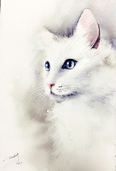 a watercolor painting of a white cat with blue eyes