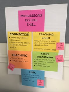 a bulletin board that has been pinned to the wall with notes about teaching and learning