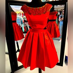 Sherri Hill Short Red Dress With Open Waist In Back. Illusion Neckline With Full A Line Skirt Sherri Hill Short, Red Dress Short, Sherri Hill, Sherri Hill Dresses, Illusion Neckline, A Line Skirts, Red Dress, Colorful Dresses, Mini Dress