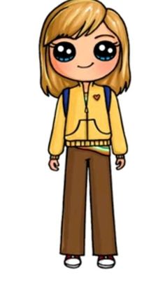 a drawing of a girl with blue eyes and brown pants, wearing a yellow jacket