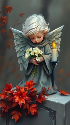 a painting of an angel holding flowers next to a lit candle and some red leaves