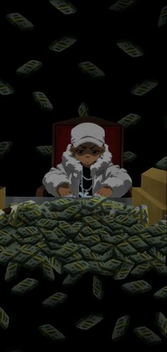 a person sitting at a table surrounded by stacks of money