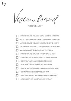 the vision board check list is shown in black and white, with an arrow pointing to it