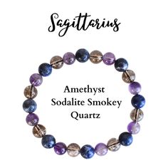 ♐ Sagittarius (Archer): November 22-December 21 🌼🌼This Sagittarius Zodiac Bracelet Set is made with natural Amethyst, Smokey, and Sodalite beads. 🌼🌼 🤍 Amethyst is known for its calming and balancing effects,  🤍 Smokey quartz is believed to provide grounding and protection, and  🤍 Sodalite - resonate well with Sagittarius energy, promoting clarity and truth-seeking tendencies. 💎Features: 📌Mix Bead Bracelet 📌 Round beads size - 8mm 📌 Wrist Size: 7-7.5 inches. 📌 Made with natural Amethy Crystals For Sagittarius, Crystals For Sagittarius Zodiac Signs, Sagittarius Crystals Stones, Sagittarius Crystal Bracelet, Sagittarius Birthstone, Sagittarius Gifts, Healing Crystals For You, Balance Bracelet, Zodiac Bracelet