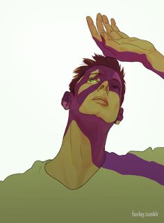 a drawing of a man with his hands up in the air while wearing purple paint on his face