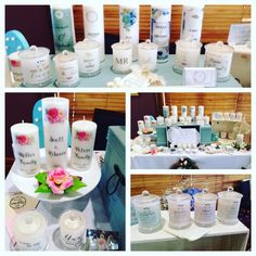 several different shots of candles and personal care items on display at a wedding or bridal party