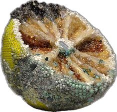 a piece of fruit that is covered in lots of different colors and textures, including green, yellow, brown, and white