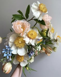 a hand holding a bouquet of flowers on top of a white wall with green leaves