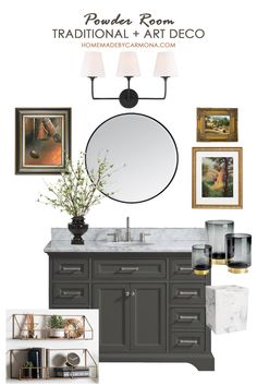 a bathroom with gray cabinets and pictures on the wall above it, along with a large mirror