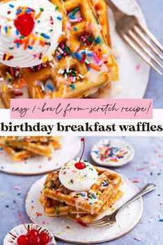 the waffles are topped with whipped cream and sprinkles on top